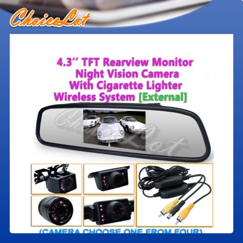 Car Rearview Mirror+ 4.3" Monitor + IR Reversing Camera + Wireless Transmitter