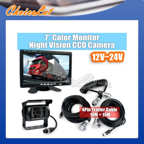 HOT! Full Truck Trailer Reversing Kit 7" LCD Monitor Backup CCD IR Camera 12-24V